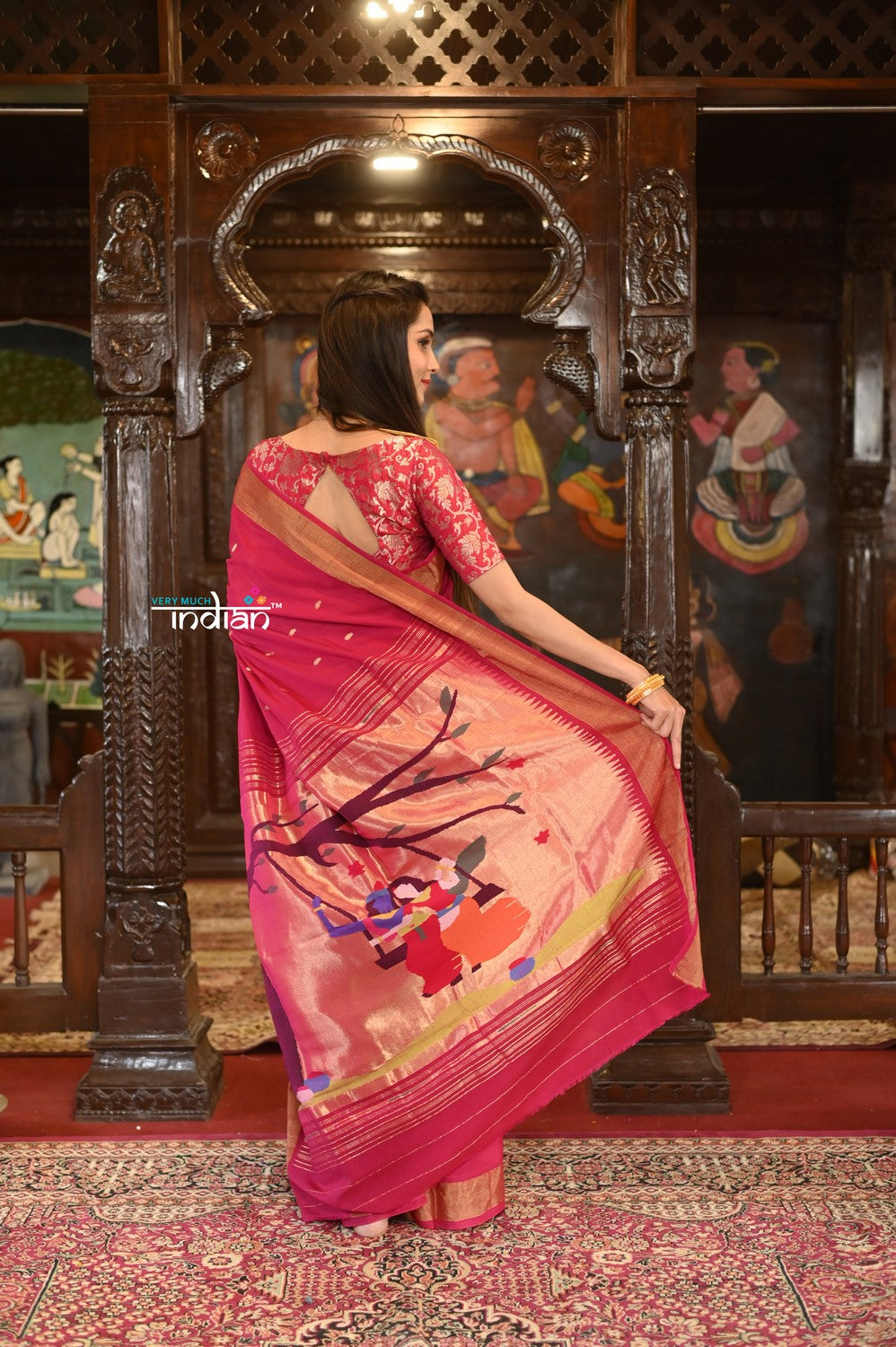 Very Much Indian Authentic Handloom Pure Cotton Paithani with Traditional Radha Krishna Pallu - Red Delight 