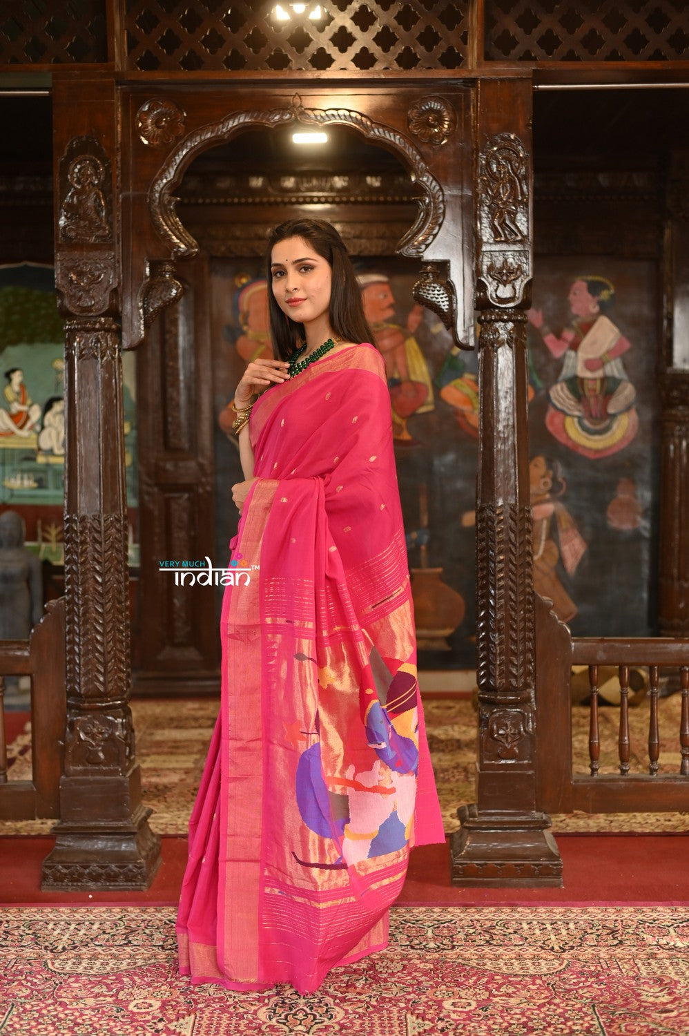 Very Much Indian Authentic Handloom Pure Cotton Paithani with Handcrafted Radhakrishna Pallu - Rani Pink 