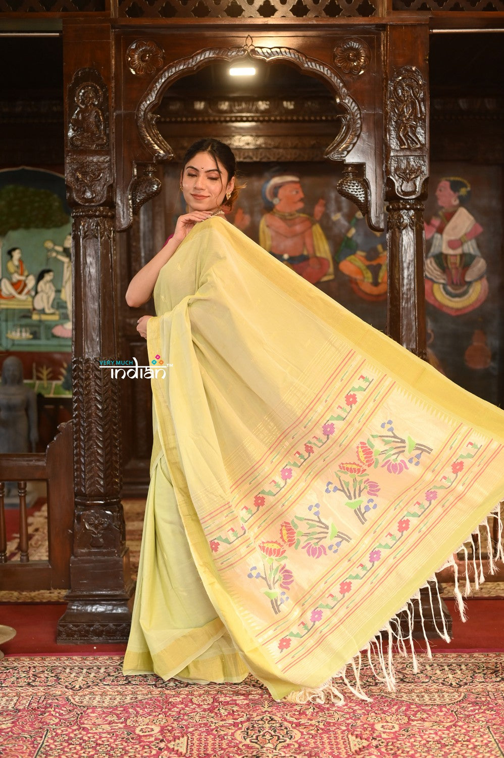Very Much Indian Authentic Handloom Pure Cotton Paithani with Handcrafted Asawali Pallu - Lime Yellow 