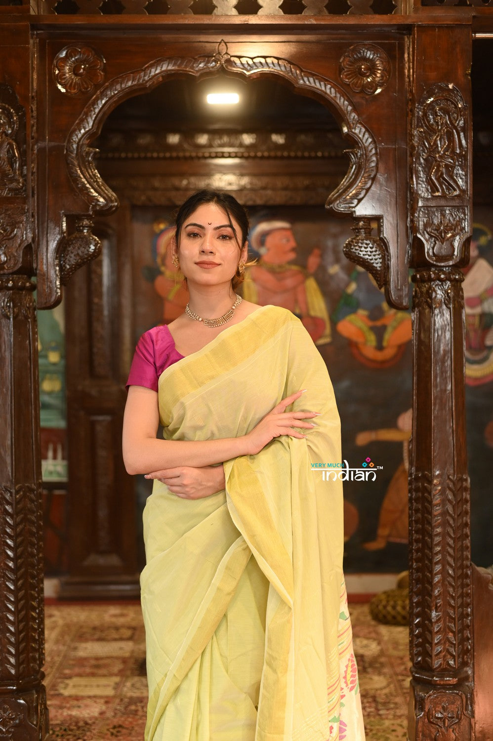 Very Much Indian Authentic Handloom Pure Cotton Paithani with Handcrafted Asawali Pallu - Lime Yellow 