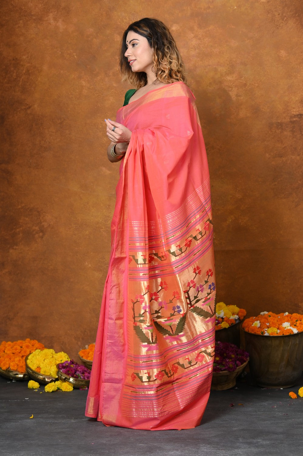 Very Much Indian EXCLUSIVE! Handloom Pure Cotton Paithani With Asawali Pallu - Pink Peach 