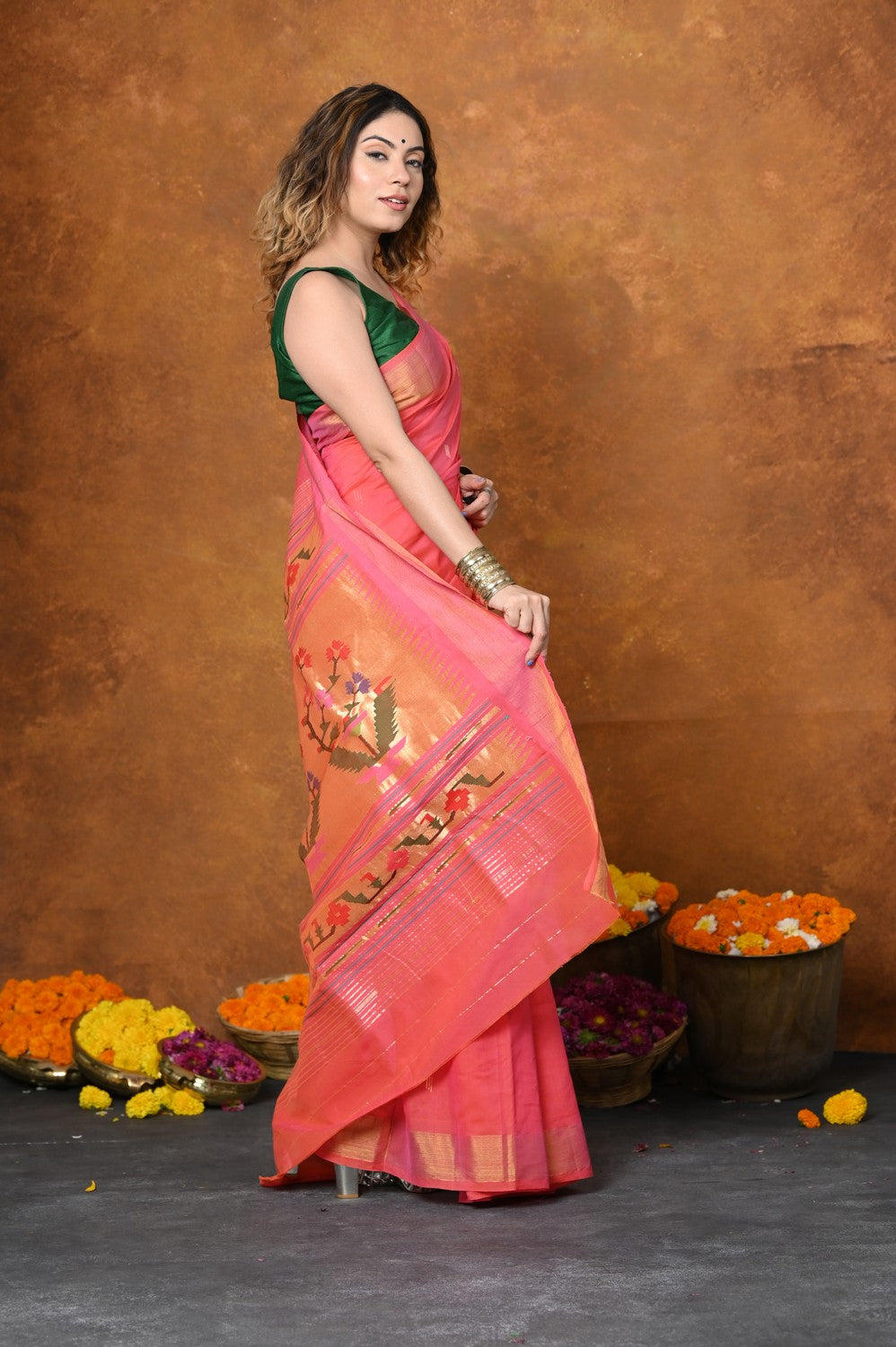 Very Much Indian EXCLUSIVE! Handloom Pure Cotton Paithani With Asawali Pallu - Pink Peach 