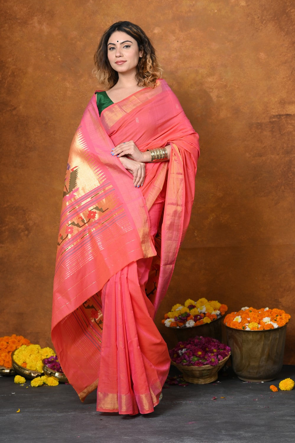 Very Much Indian EXCLUSIVE! Handloom Pure Cotton Paithani With Asawali Pallu - Pink Peach 