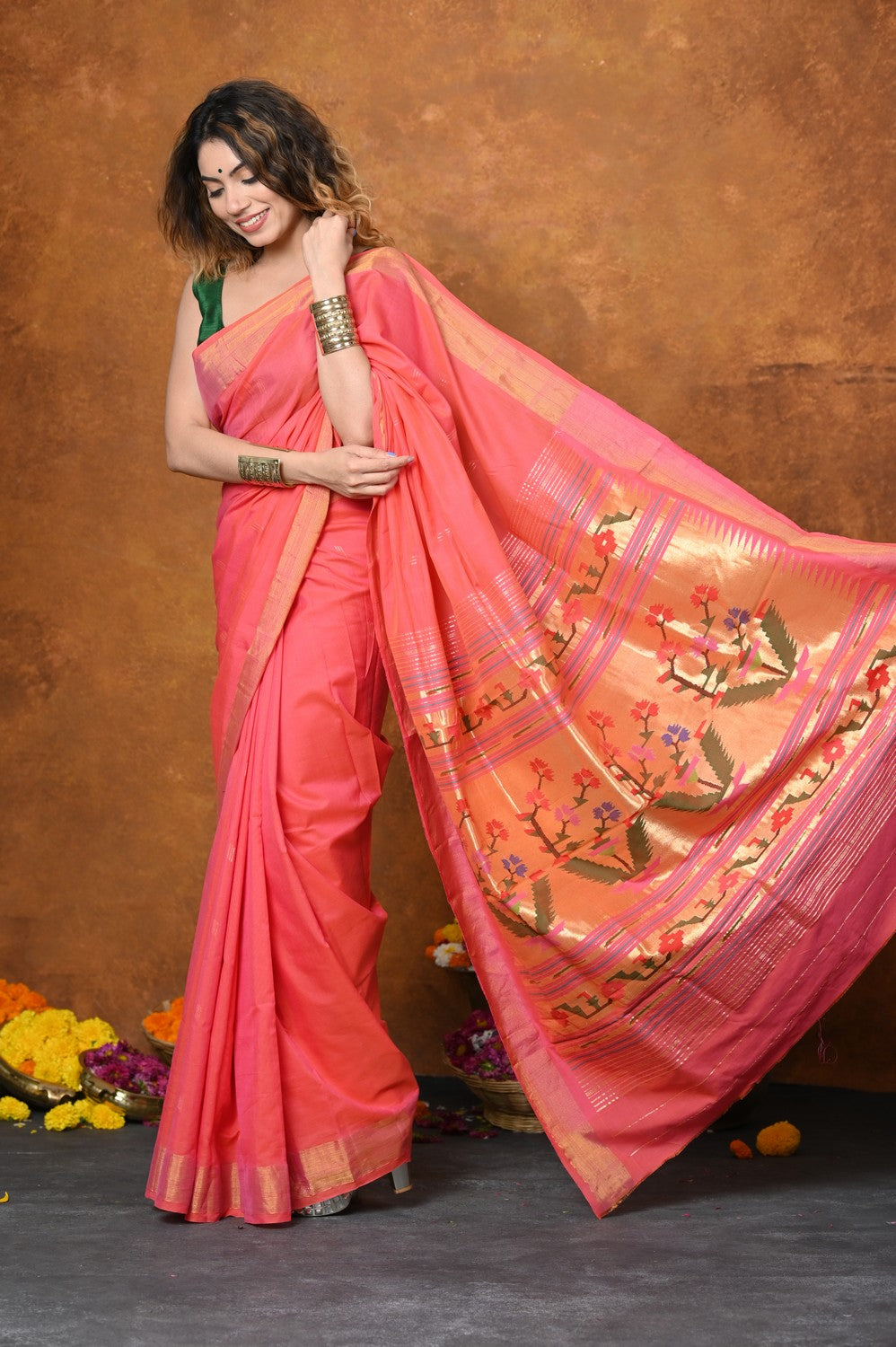 Very Much Indian EXCLUSIVE! Handloom Pure Cotton Paithani With Asawali Pallu - Pink Peach 