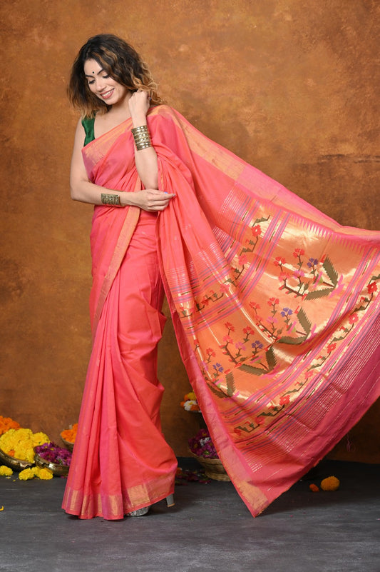 Very Much Indian EXCLUSIVE! Handloom Pure Cotton Paithani With Asawali Pallu - Pink Peach 