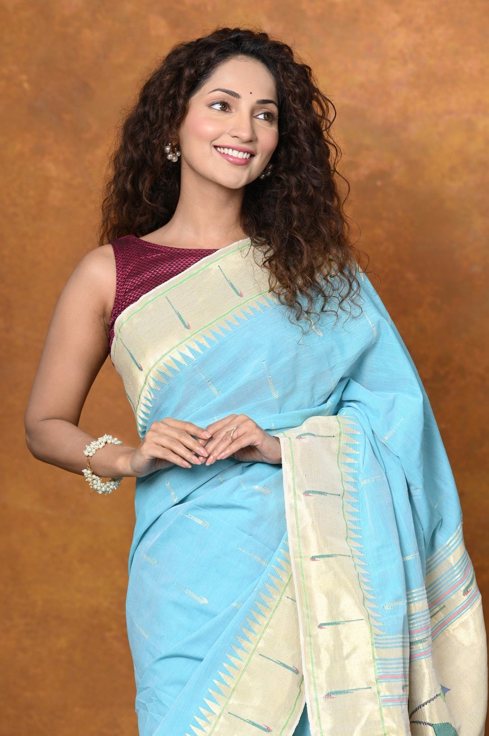 Very Much Indian Authentic Handloom Pure Cotton Paithani with Handcrafted Parrot Pallu - Sky Blue 