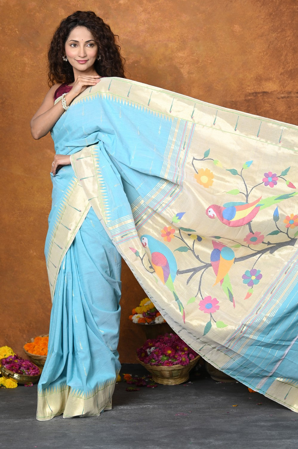 Very Much Indian Authentic Handloom Pure Cotton Paithani with Handcrafted Parrot Pallu - Sky Blue 