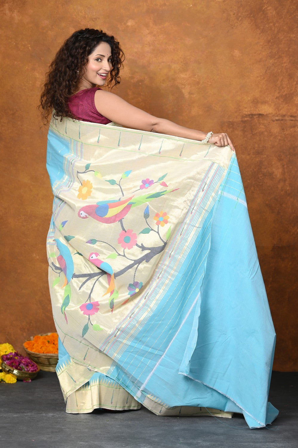 Very Much Indian Authentic Handloom Pure Cotton Paithani with Handcrafted Parrot Pallu - Sky Blue 