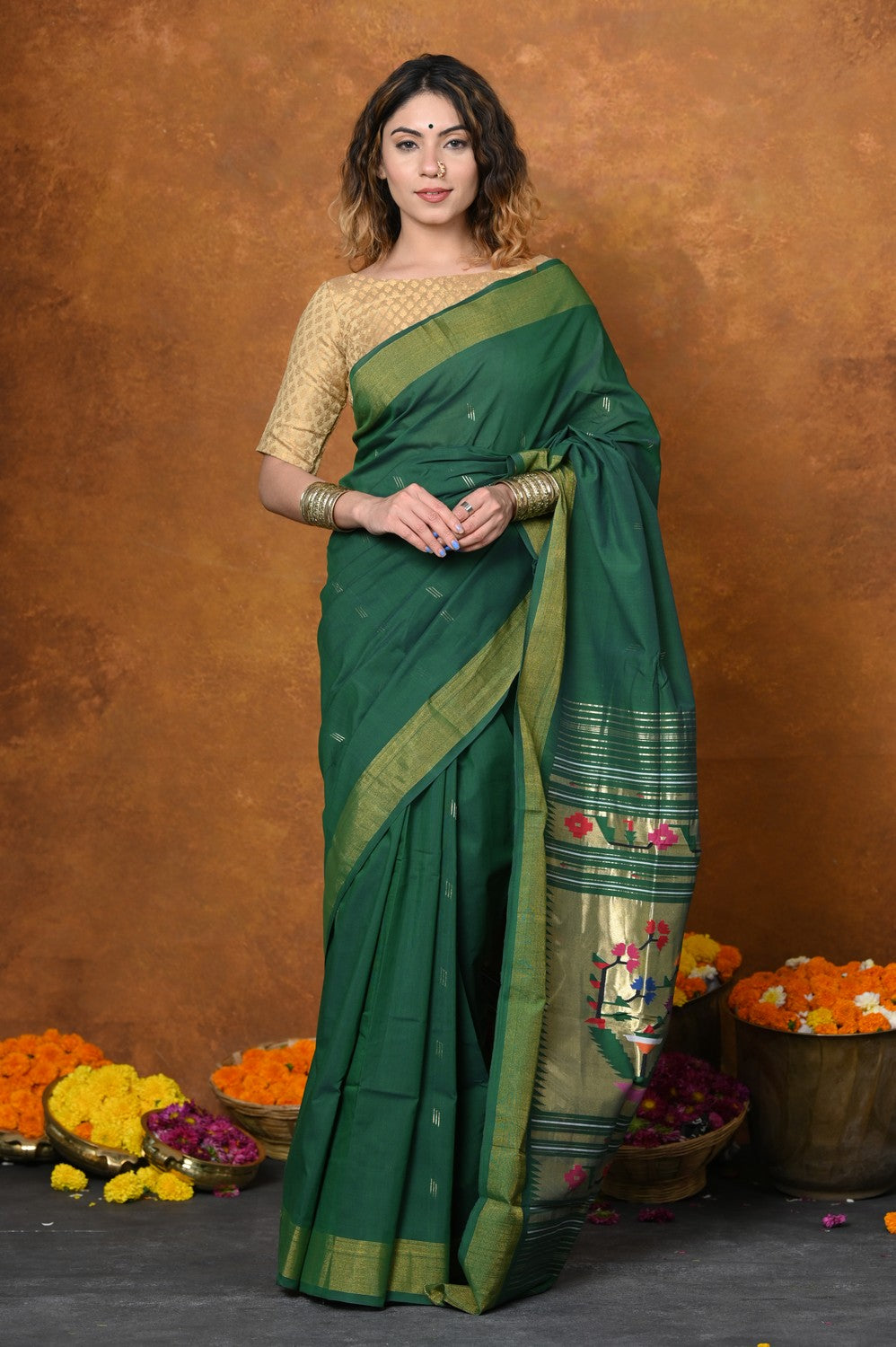 Very Much Indian EXCLUSIVE! Handloom Pure Cotton Paithani With Asawali Pallu - Dark Green 