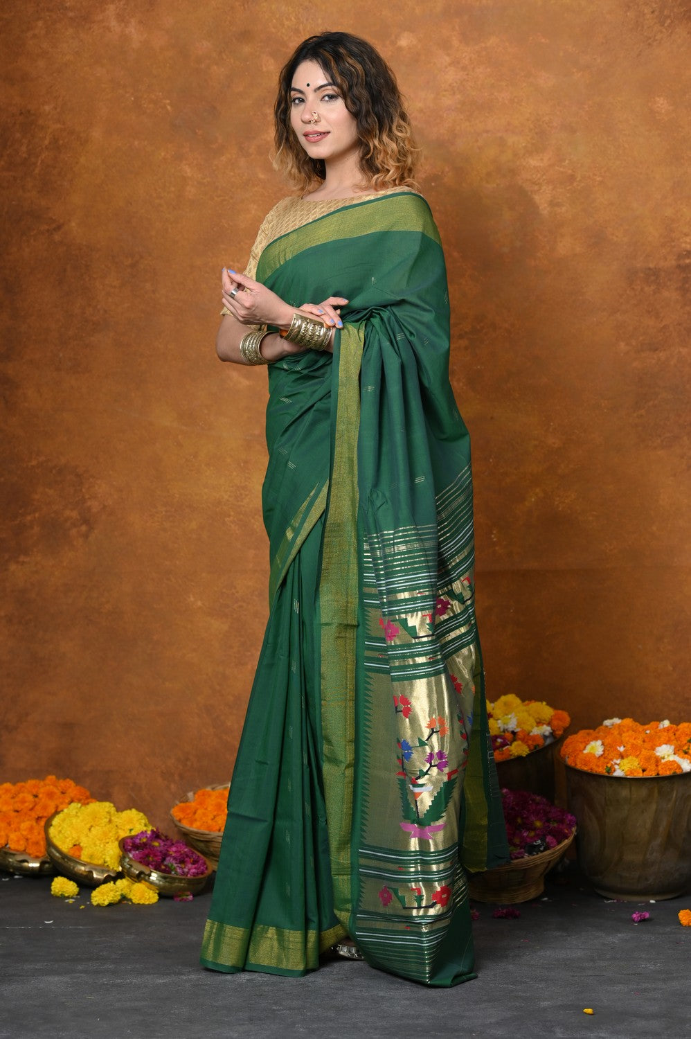 Very Much Indian EXCLUSIVE! Handloom Pure Cotton Paithani With Asawali Pallu - Dark Green 
