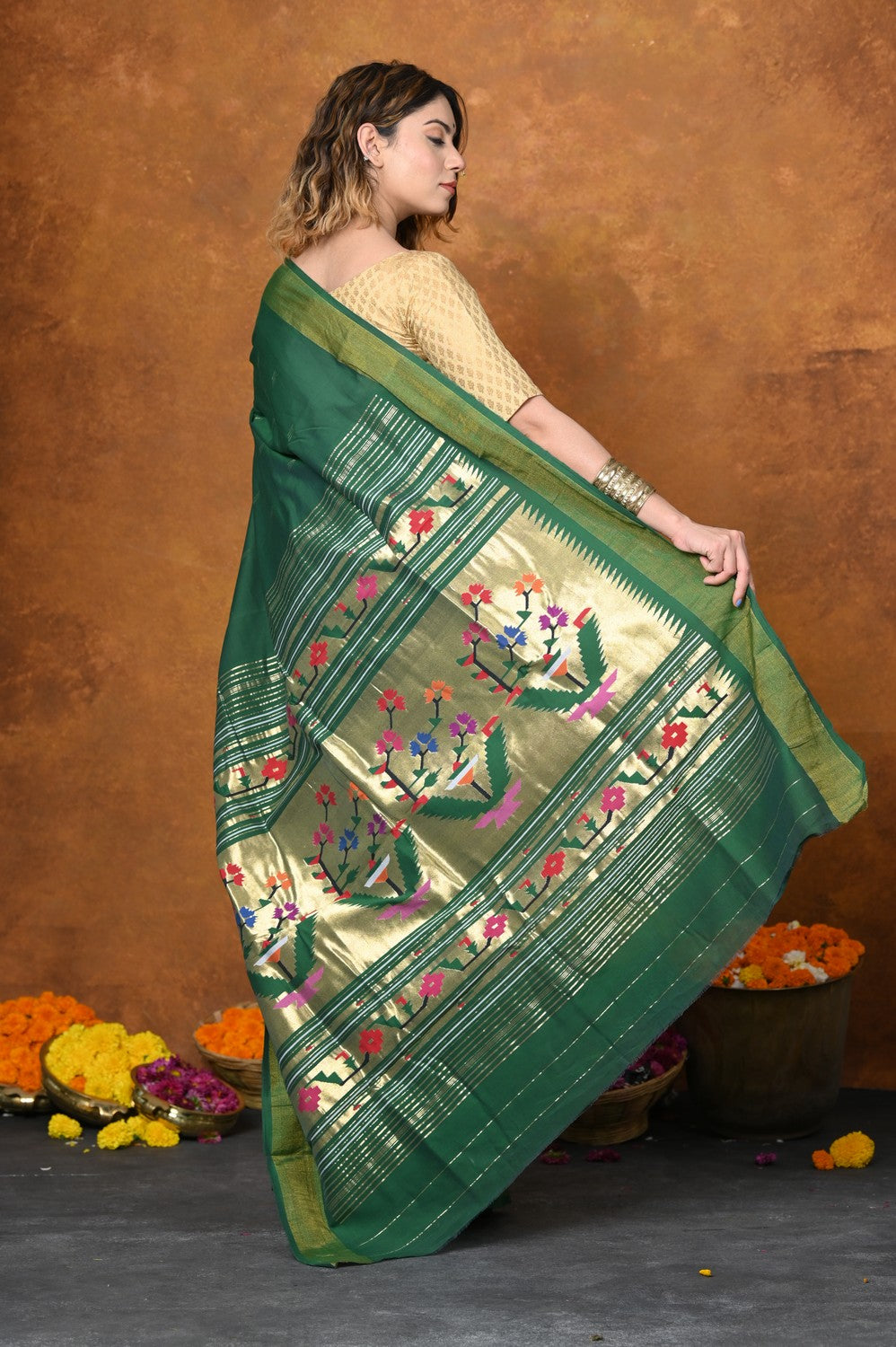 Very Much Indian EXCLUSIVE! Handloom Pure Cotton Paithani With Asawali Pallu - Dark Green 