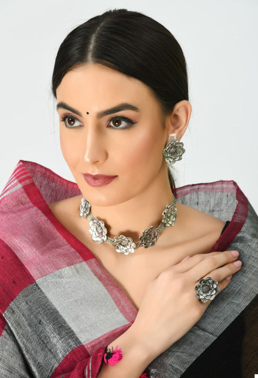 Mominos Fashion Johar Kamal Silver-Plated Brass Finish Rose Design Choker For Women (Silver) - Grab2buy