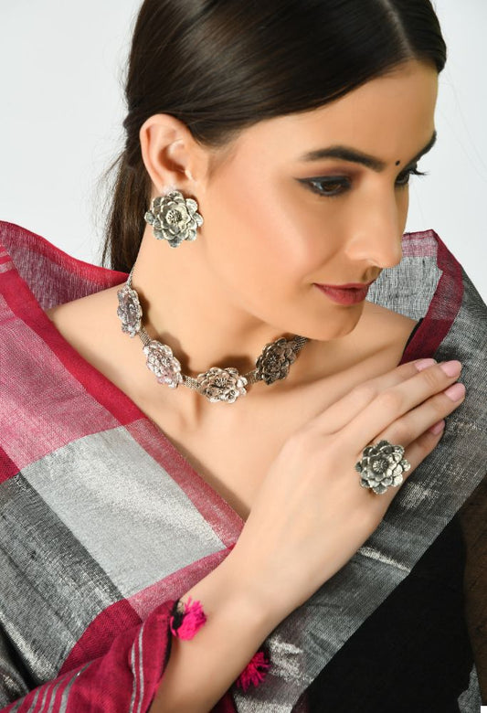 Mominos Fashion Johar Kamal Silver-Plated Brass Finish Rose Design Choker For Women (Silver) - Grab2buy