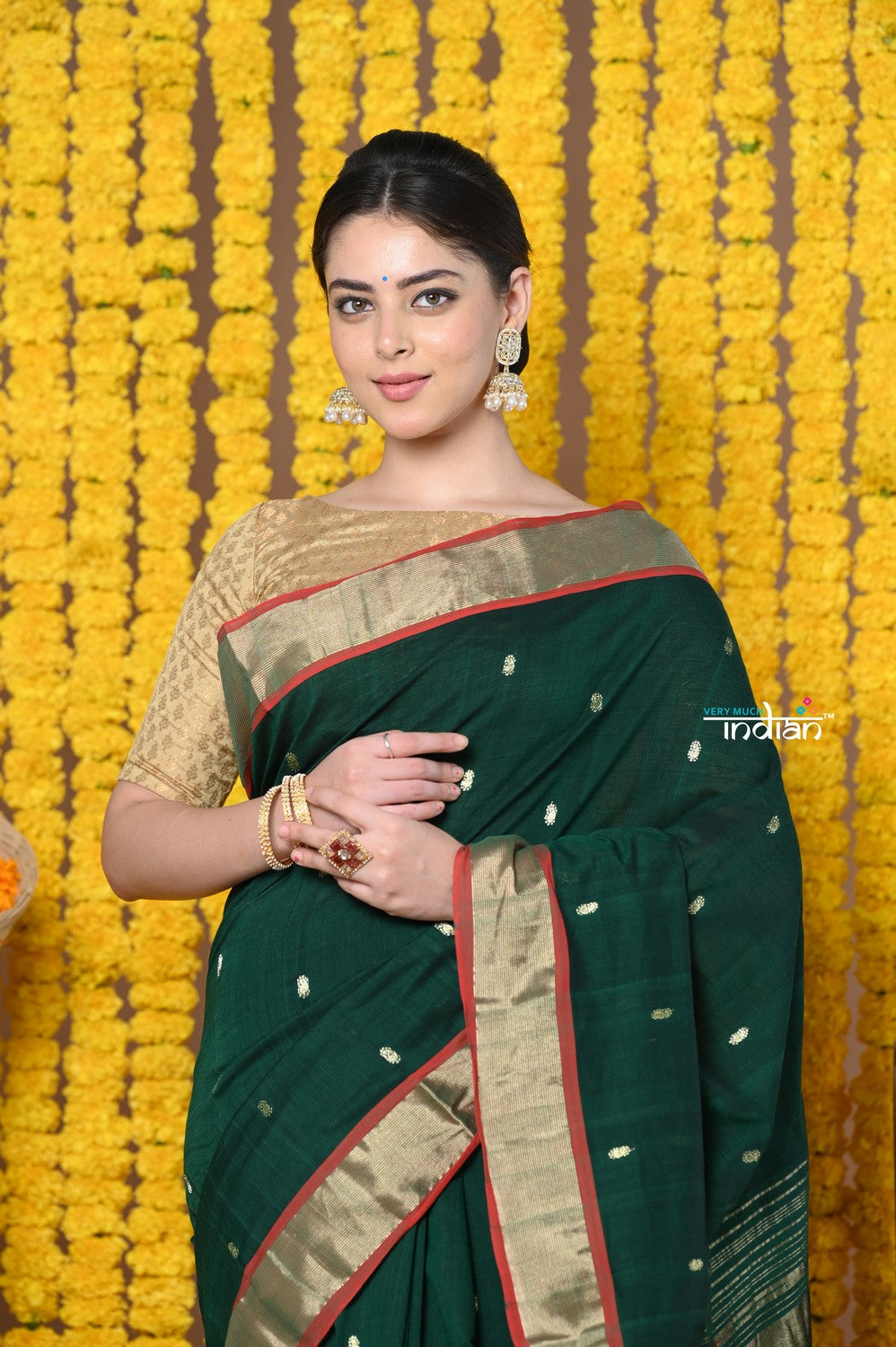 Very Much Indian Rajsi - Handloom Pure Cotton Paithani With Peacock Pallu - Dark Green 