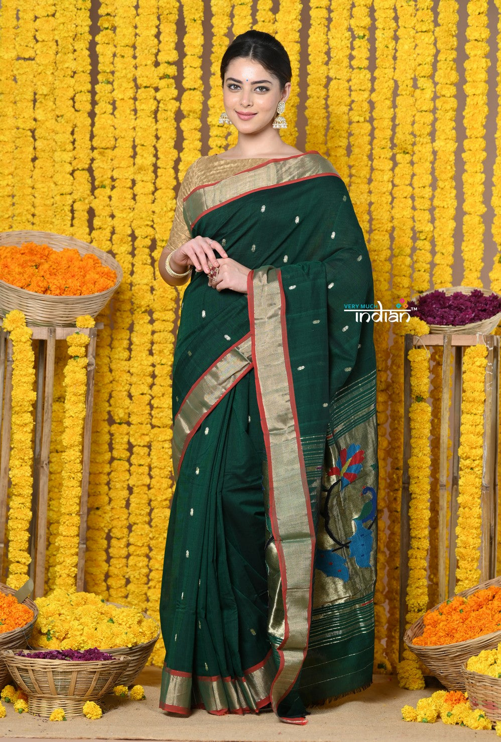 Very Much Indian Rajsi - Handloom Pure Cotton Paithani With Peacock Pallu - Dark Green 