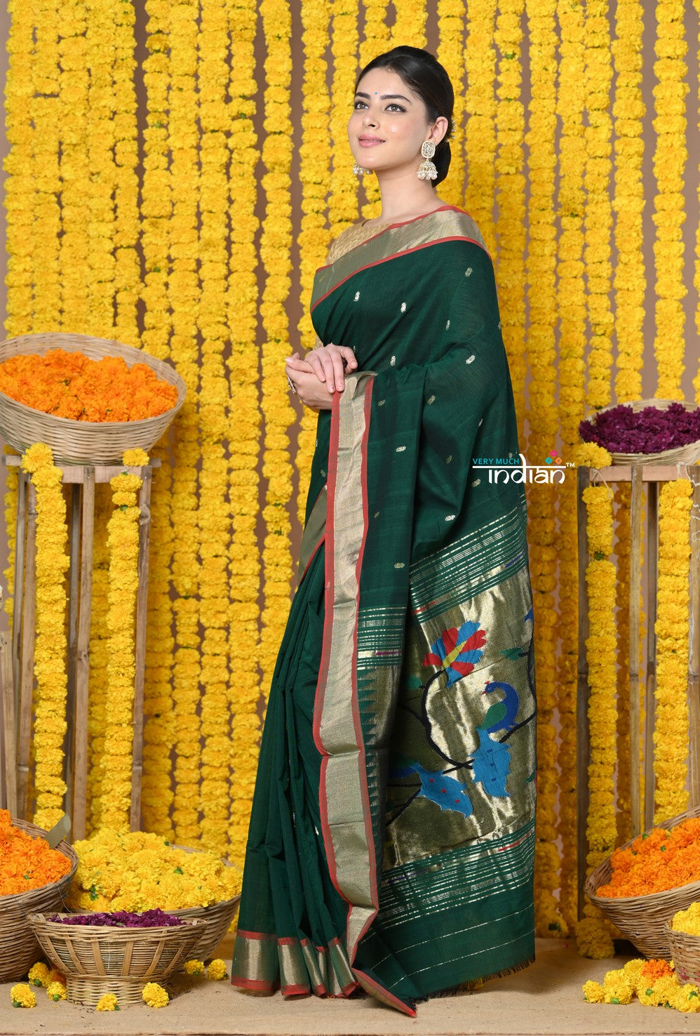 Very Much Indian Rajsi - Handloom Pure Cotton Paithani With Peacock Pallu - Dark Green 
