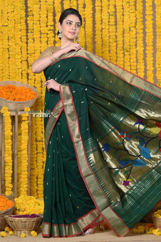 Very Much Indian Rajsi - Handloom Pure Cotton Paithani With Peacock Pallu - Dark Green 