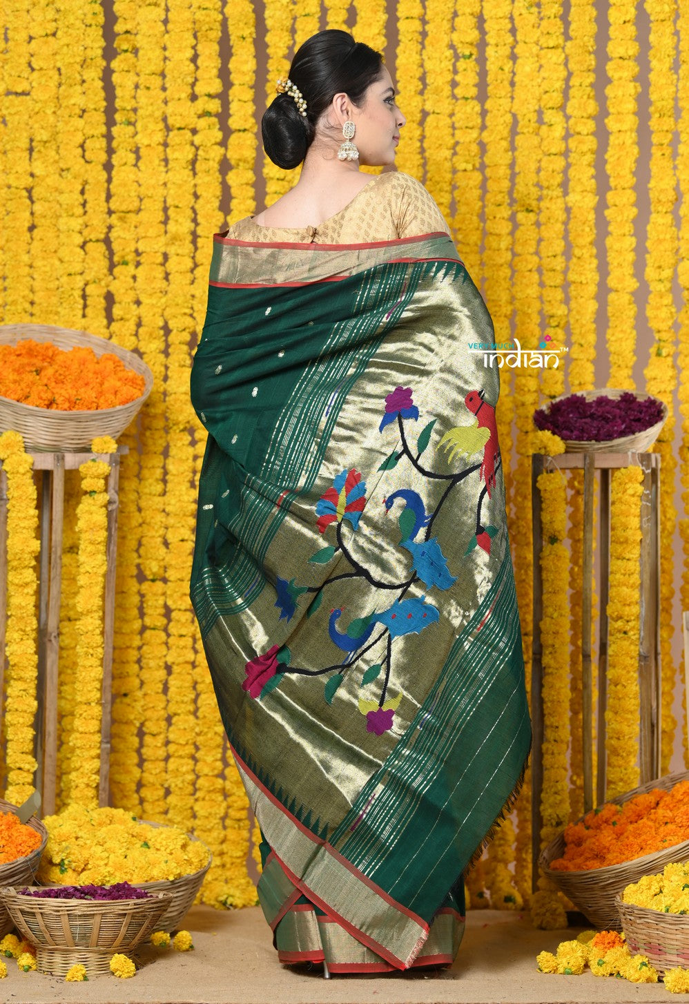 Very Much Indian Rajsi - Handloom Pure Cotton Paithani With Peacock Pallu - Dark Green 