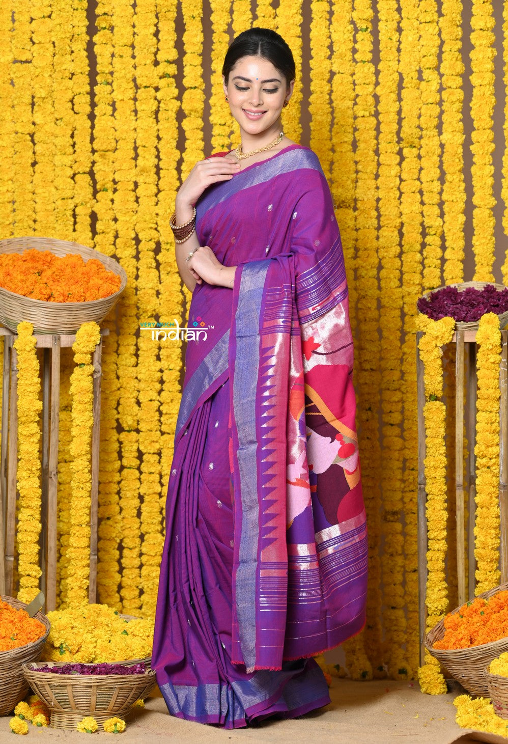 Very Much Indian Rajsi - Handloom Pure Cotton Paithani With Radha Krishna Pallu - Dual Tone Purple 
