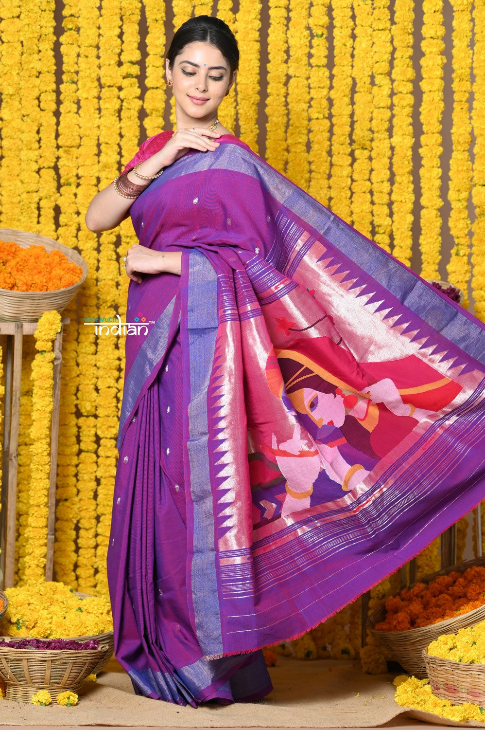 Very Much Indian Rajsi - Handloom Pure Cotton Paithani With Radha Krishna Pallu - Dual Tone Purple 