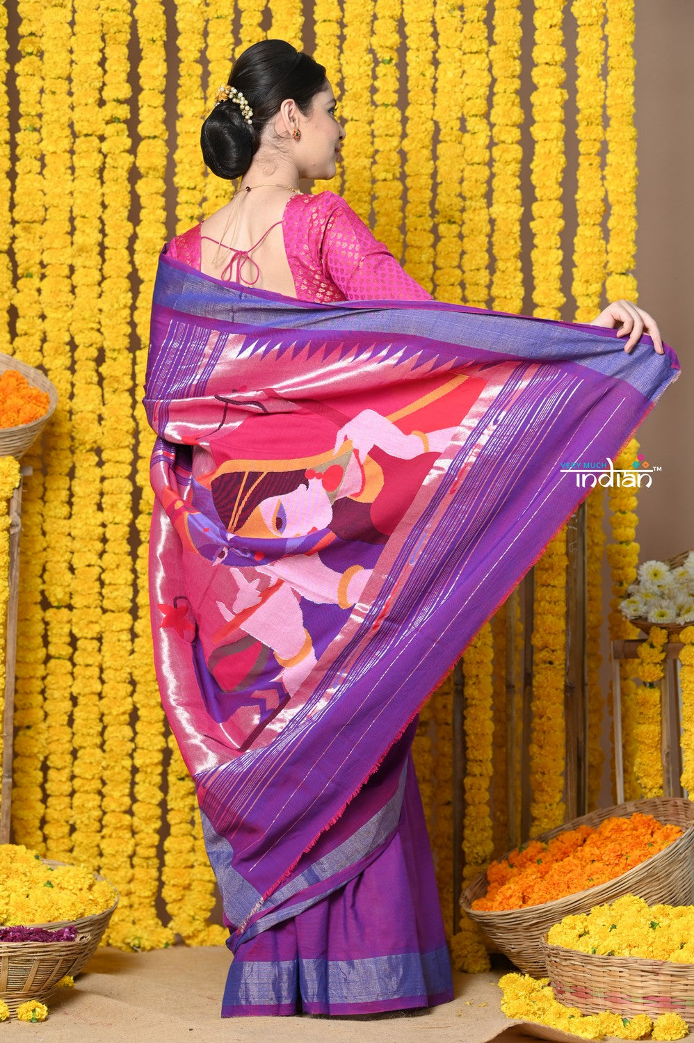 Very Much Indian Rajsi - Handloom Pure Cotton Paithani With Radha Krishna Pallu - Dual Tone Purple 