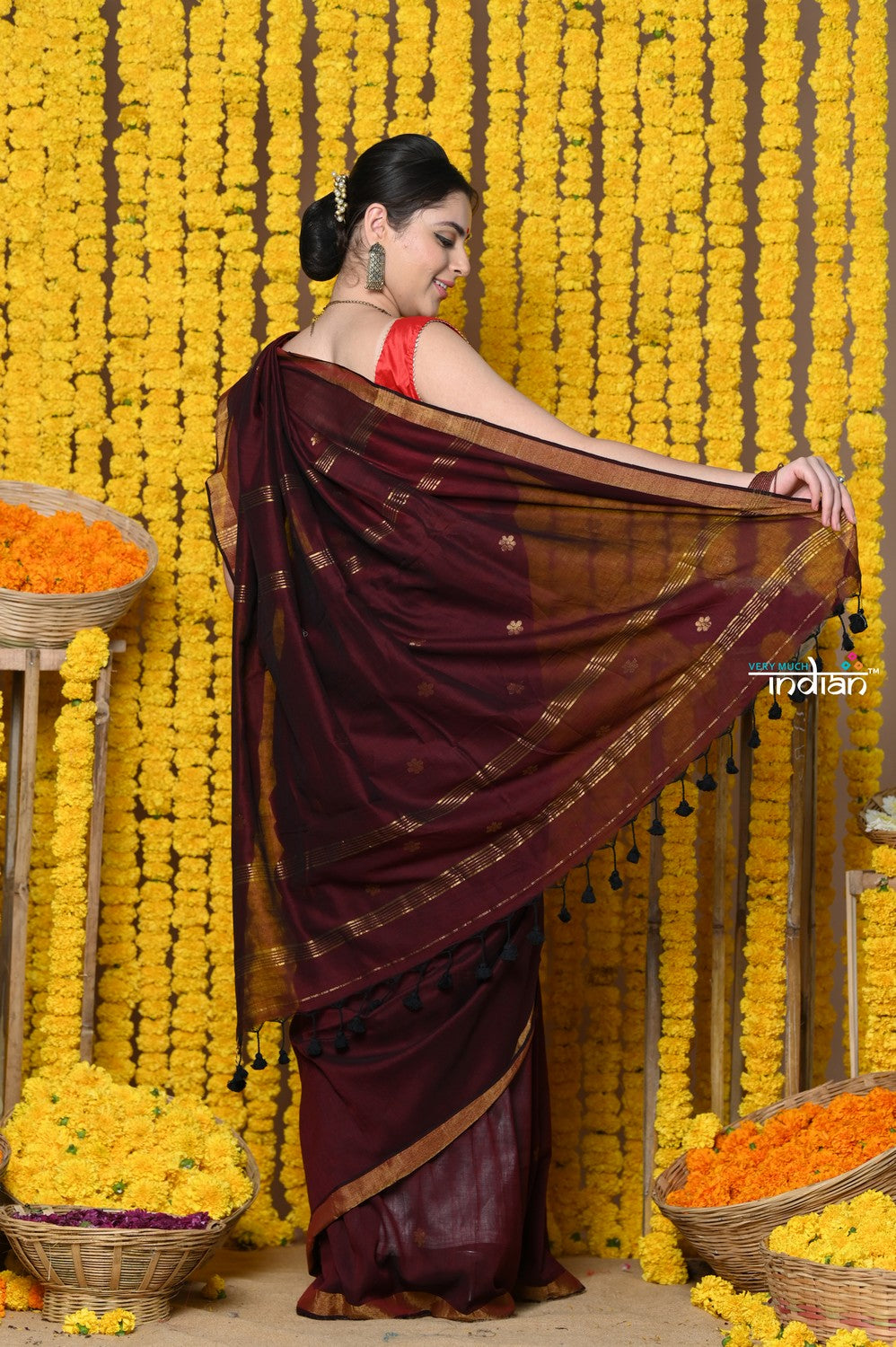 Very Much Indian Rajsi - Designed by VMI! High Quality Mul Cotton Handloom Woven Grab2Buy With Sleek Border in Maroon 