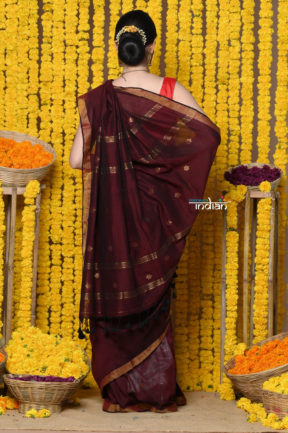 Very Much Indian Rajsi - Designed by VMI! High Quality Mul Cotton Handloom Woven Grab2Buy With Sleek Border in Maroon 