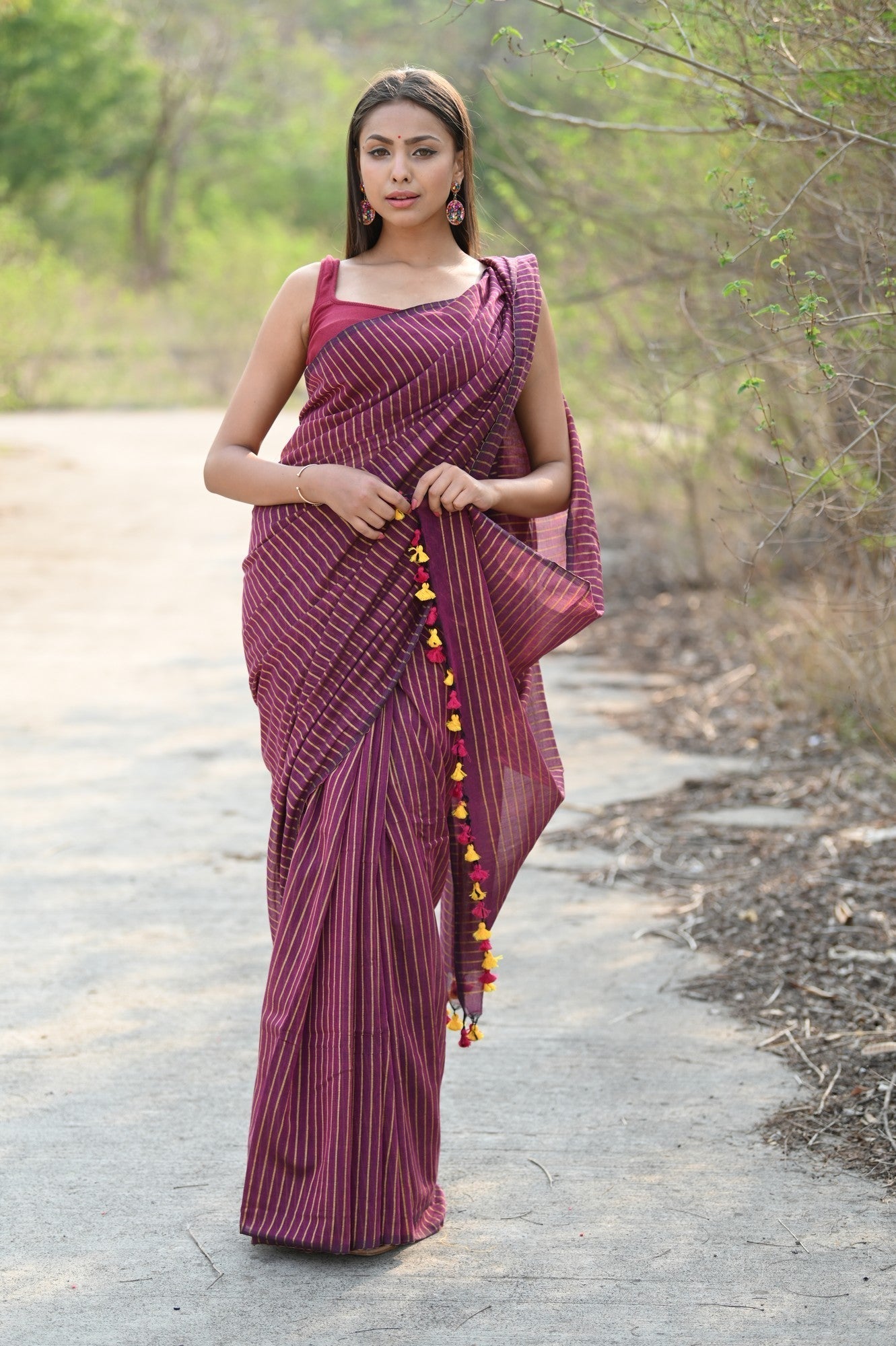 Very Much Indian Designer Pure Cotton Sarees with All over Linear Stripes - Maroon 