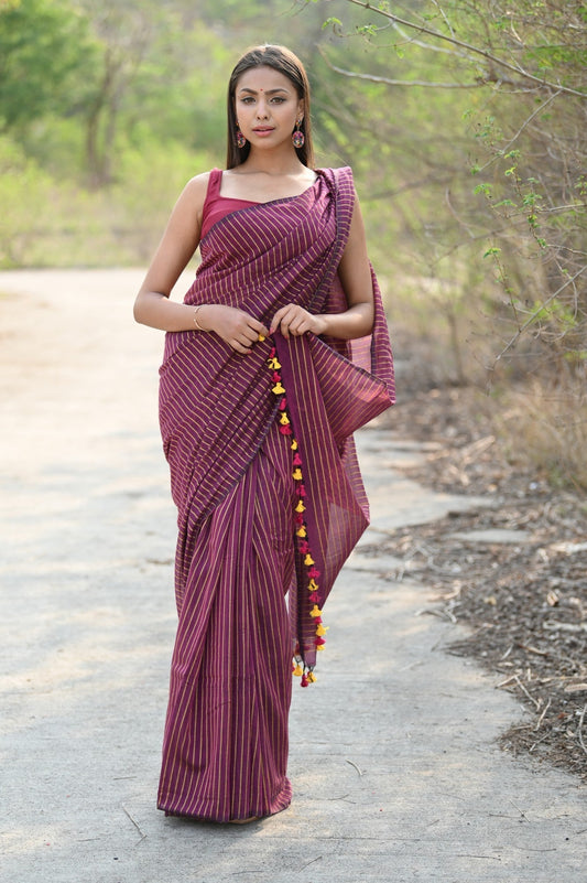 Very Much Indian Designer Pure Cotton Sarees with All over Linear Stripes - Maroon 