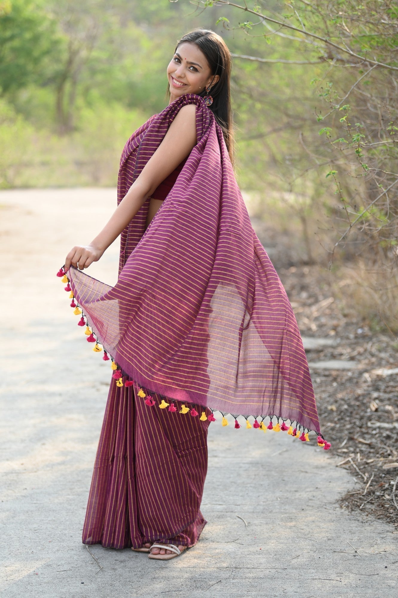 Very Much Indian Designer Pure Cotton Sarees with All over Linear Stripes - Maroon 