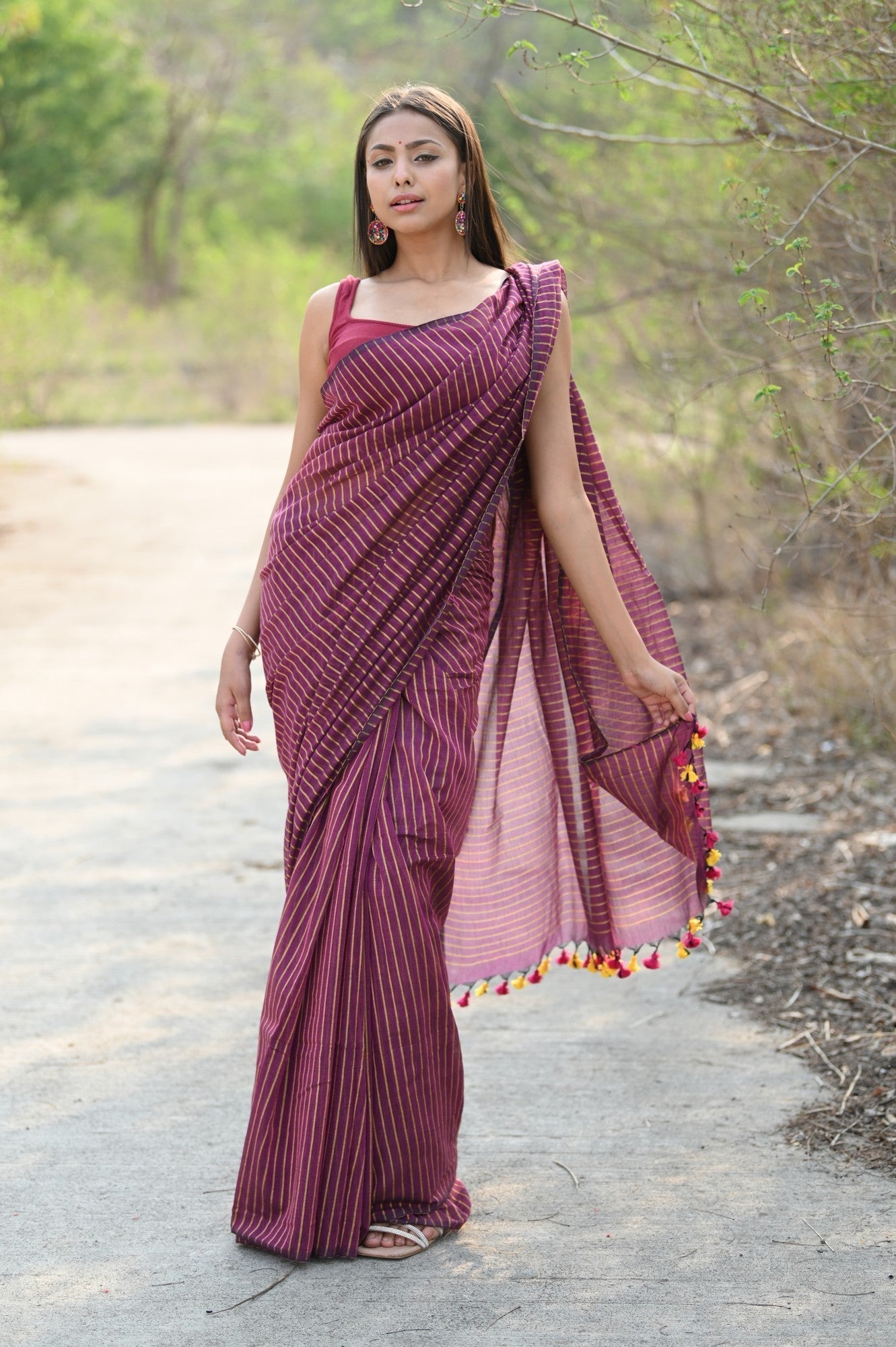 Very Much Indian Designer Pure Cotton Sarees with All over Linear Stripes - Maroon 