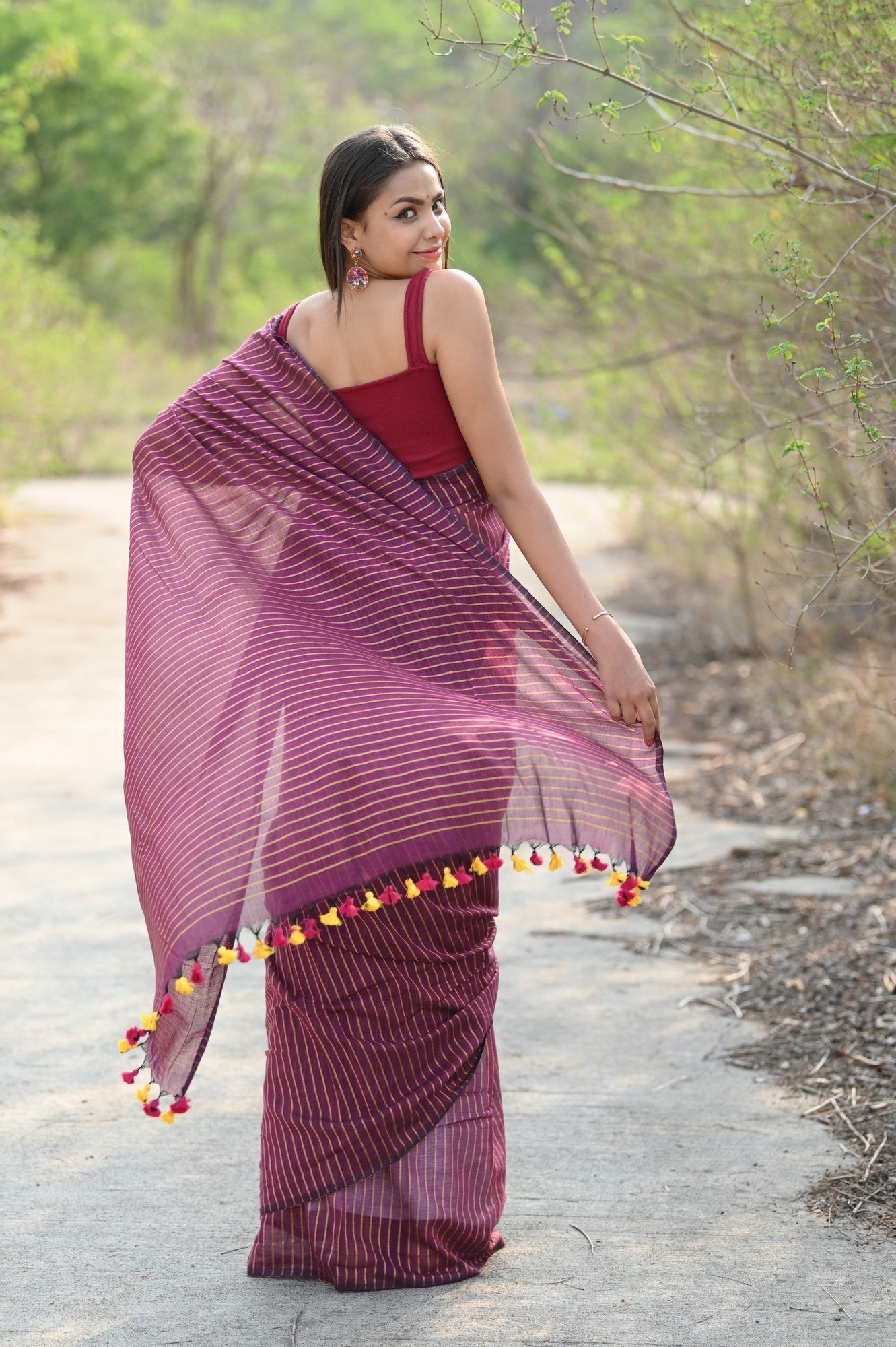 Very Much Indian Designer Pure Cotton Sarees with All over Linear Stripes - Maroon 