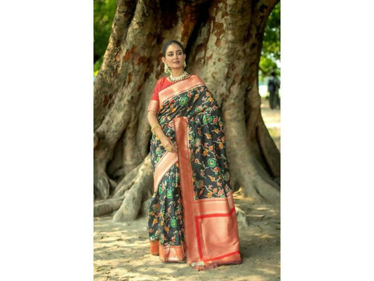 Aastha Fashion Women's Black Banarasi Silk Meenakari Zari Woven Saree with Blouse - Grab2buy
