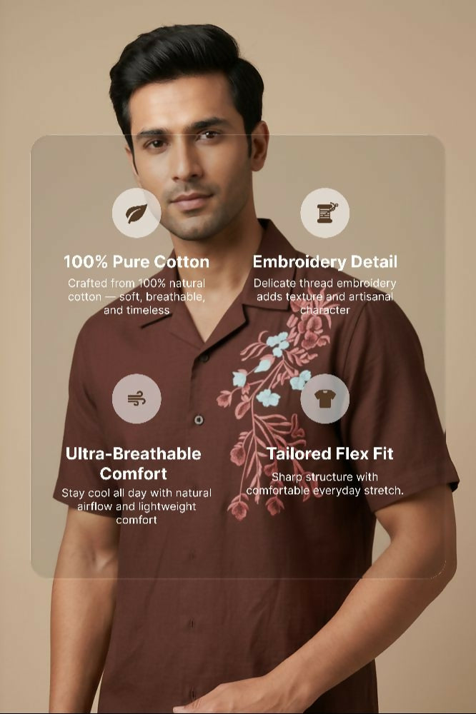 Solvra — Brown Floral Embroidered Cotton Shirt by Hilo Design