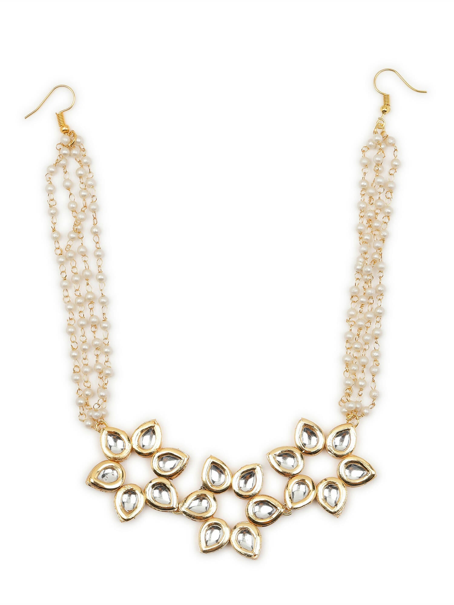 Gold-Polished White Kundan-Studded Pearl Beaded Hair Band - Ruby Raang