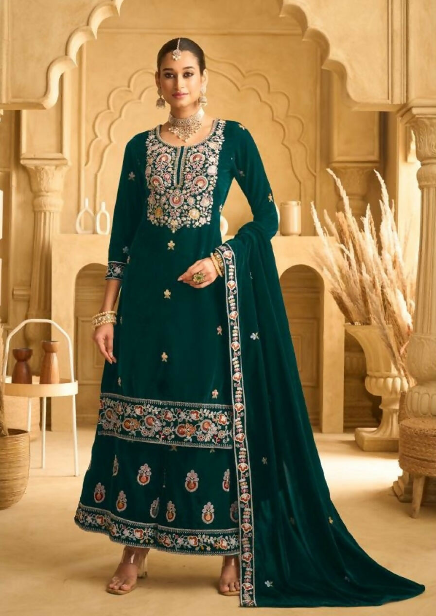 Anaita Dark Green Embroidered with Beads Velvet Stitched Plazo Suit
