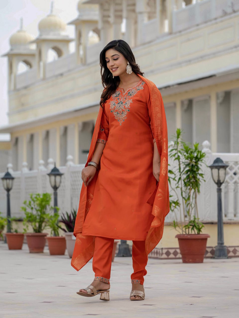 Lehenga Mart Designer Ready To Wear Kurta Pant With Dupatta For Women-Orange