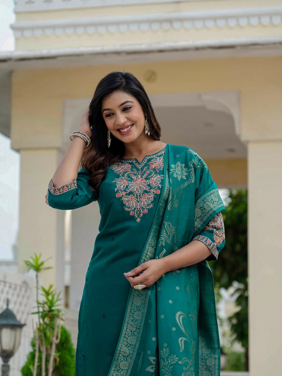 Lehenga Mart Designer Ready To Wear Kurta Pant With Dupatta For Women-Bottle Green
