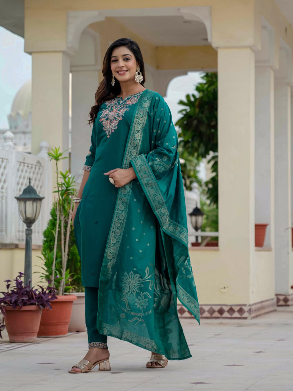 Lehenga Mart Designer Ready To Wear Kurta Pant With Dupatta For Women-Bottle Green