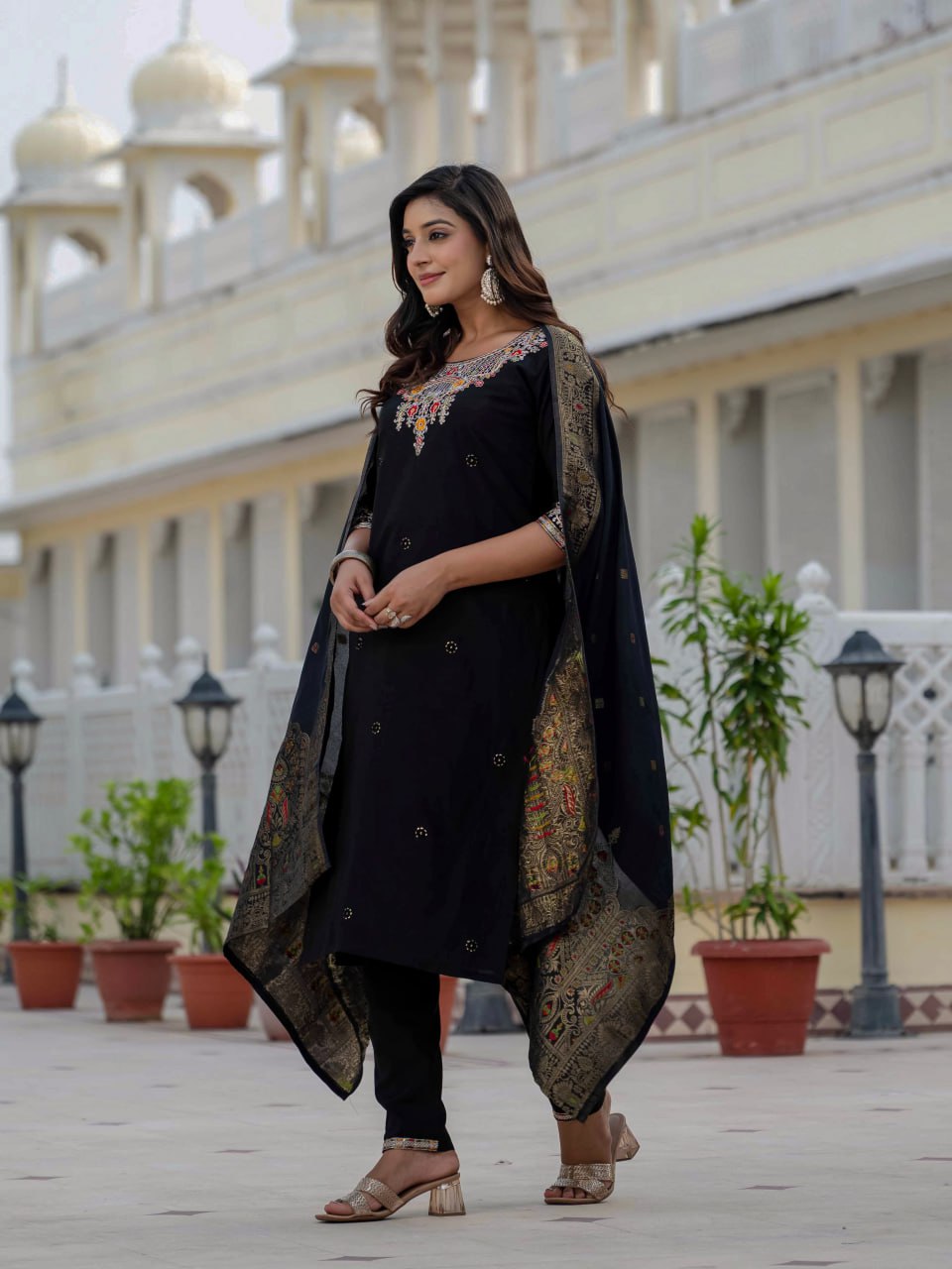 Lehenga Mart Designer Ready To Wear Kurta Pant With Dupatta For Women-Black