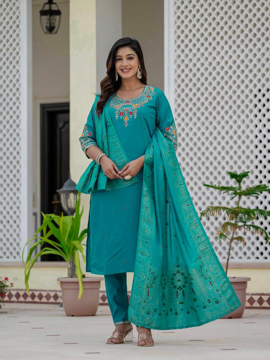 Lehenga Mart Designer Ready To Wear Kurta Pant With Dupatta For Women-Firozi