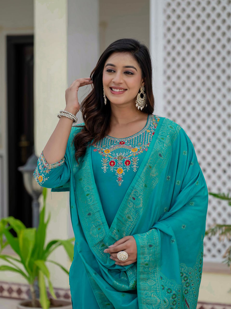 Lehenga Mart Designer Ready To Wear Kurta Pant With Dupatta For Women-Firozi