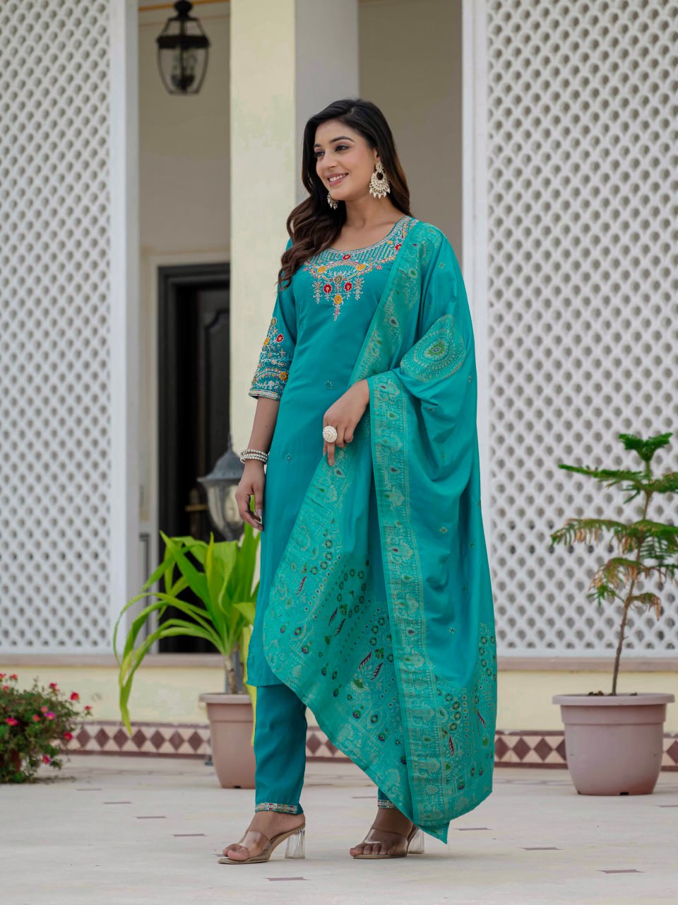 Lehenga Mart Designer Ready To Wear Kurta Pant With Dupatta For Women-Firozi