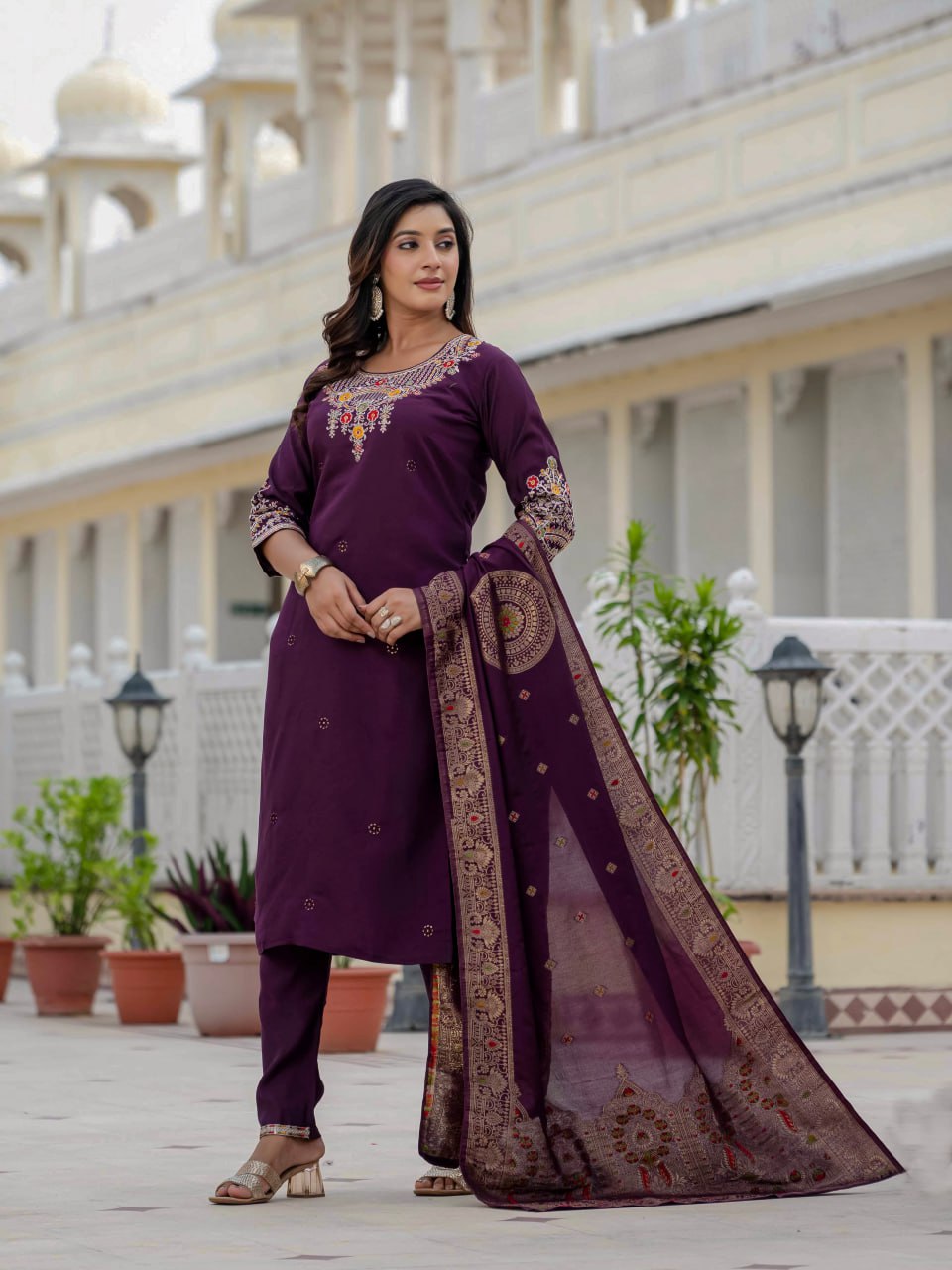Lehenga Mart Designer Ready To Wear Kurta Pant With Dupatta For Women-Wine