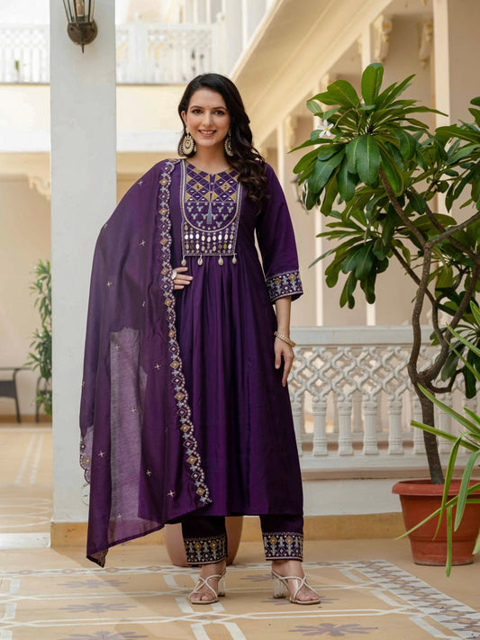 Lehenga Mart Designer Anarkali Suit Ready To Wear Kurta Pant With Dupatta For Women-Purple