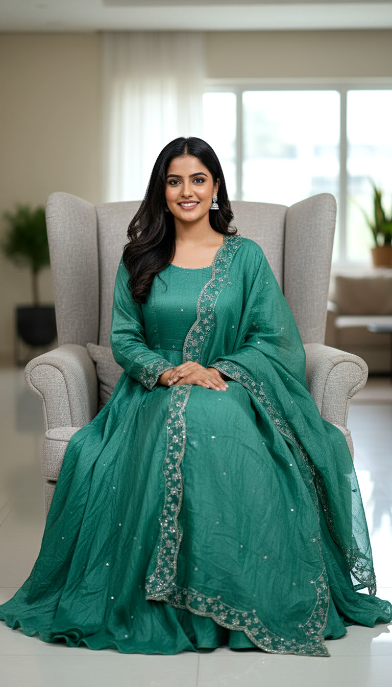 Lehenga Mart Premium Readymade Gown With Dupatta Set For Women-Bottle Green