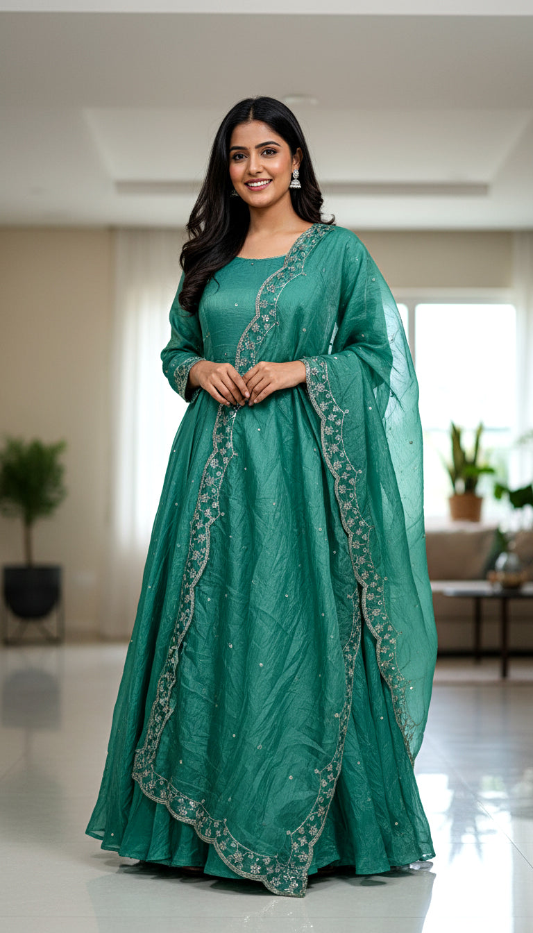 Lehenga Mart Premium Readymade Gown With Dupatta Set For Women-Bottle Green
