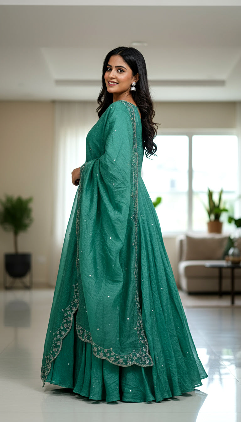 Lehenga Mart Premium Readymade Gown With Dupatta Set For Women-Bottle Green