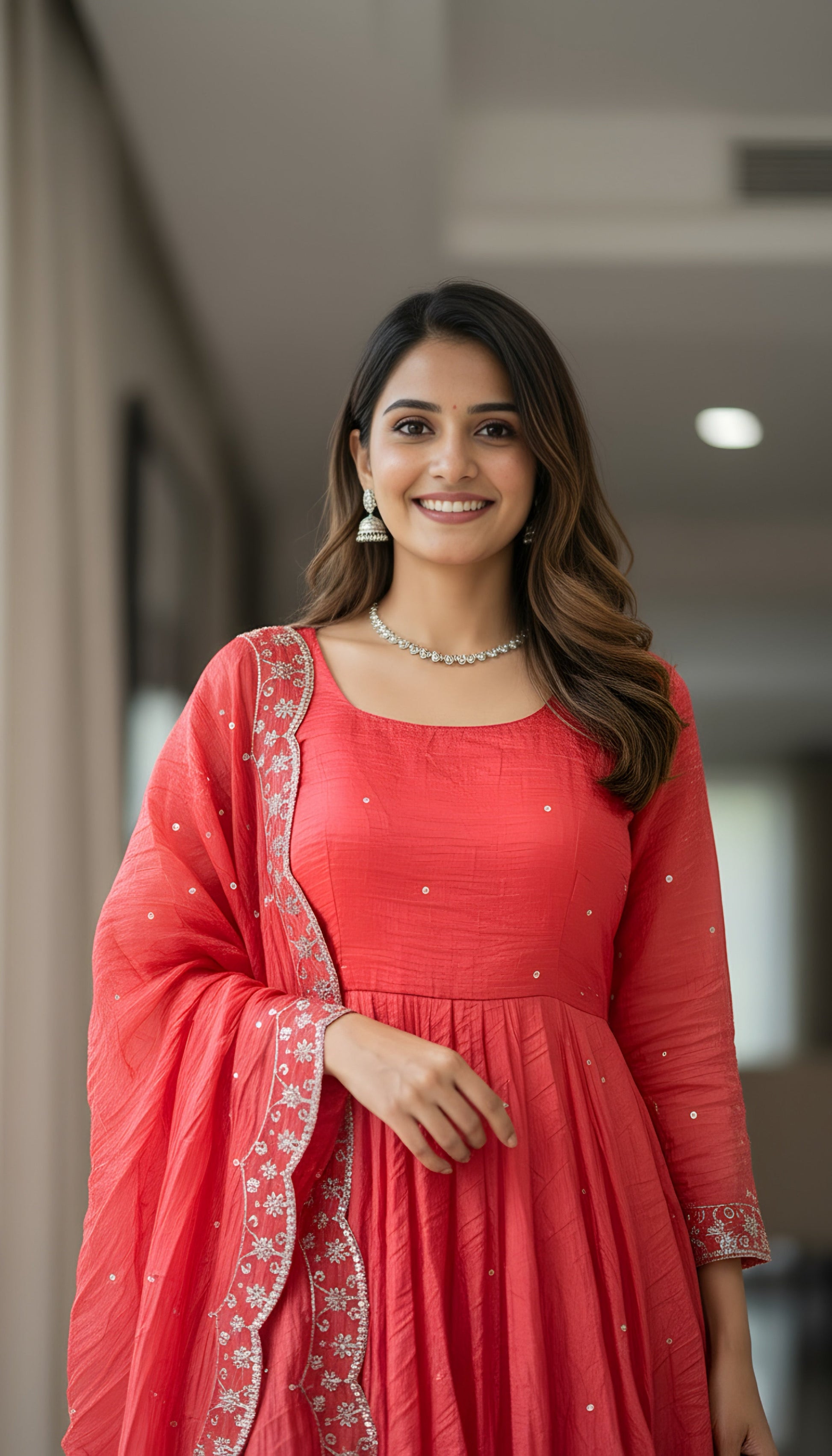 Lehenga Mart Premium Readymade Gown With Dupatta Set For Women-Coral pink