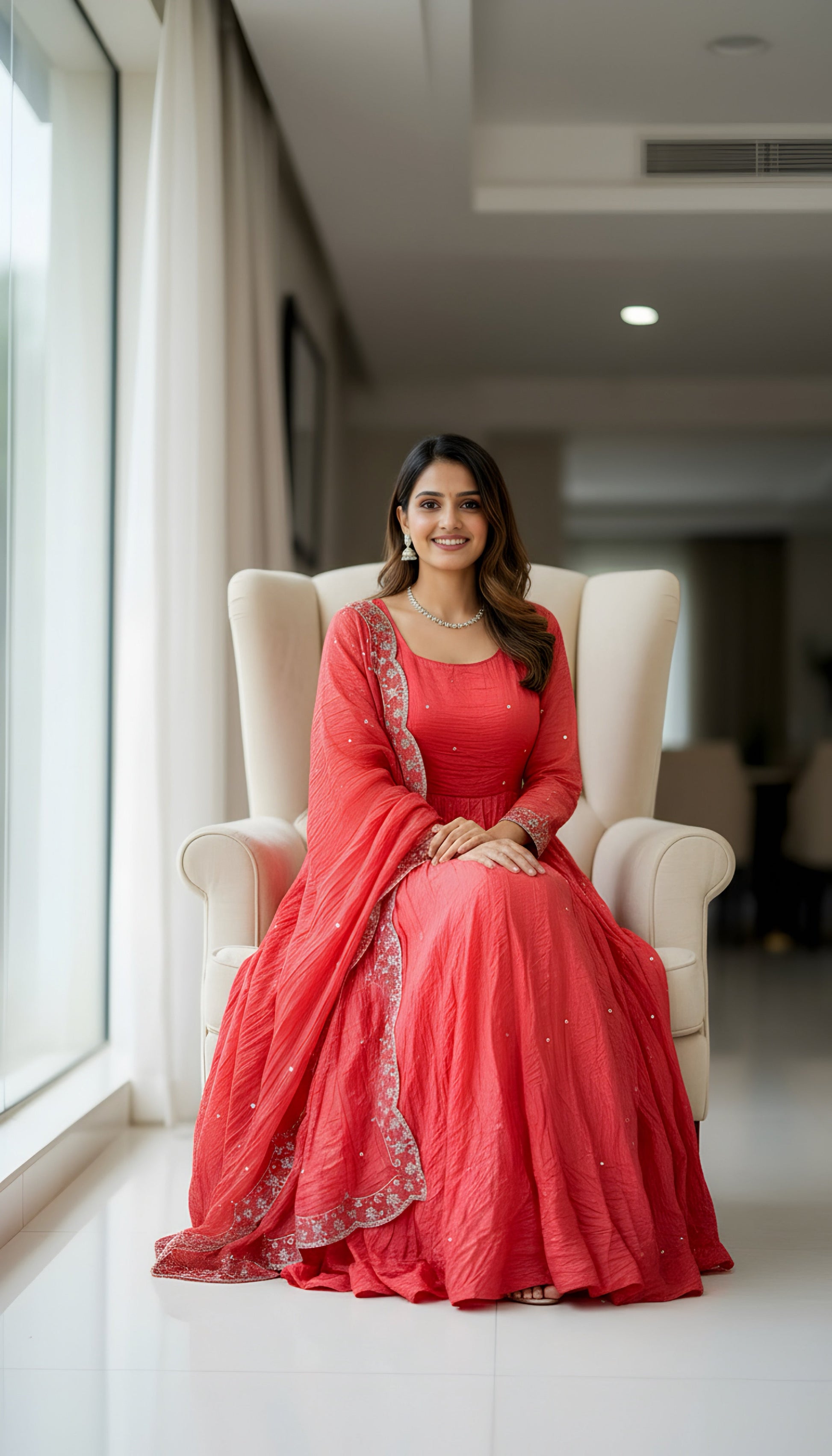 Lehenga Mart Premium Readymade Gown With Dupatta Set For Women-Coral pink